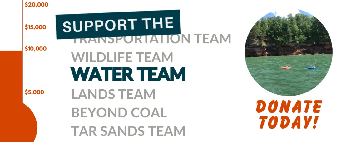 Support the Water Team over a grayed out list of other teams. A fundraising thermometer to the left and a picture of kayakers in beautiful water on the right with "Donate Today" underneath it