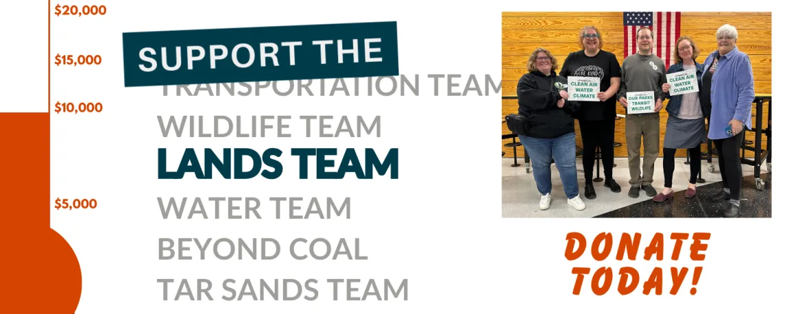 Support the Lands Team over a grayed out list of other teams. A fundraising thermometer to the left and a picture of people holding signs on the right with "Donate Today" underneath it