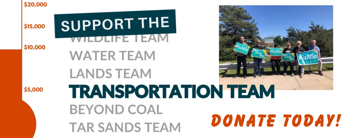 Support the Transportation Team over a grayed out list of other teams. A fundraising thermometer to the left and a picture of team members holding "Fix at Six" signs on the right with "Donate Today" underneath it
