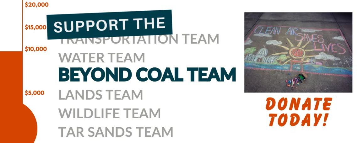 Support the Beyond Coal Team over a grayed out list of other teams. A fundraising thermometer to the left and a picture of a chalked "clean air saves lives" photo on the right with "Donate Today" underneath it