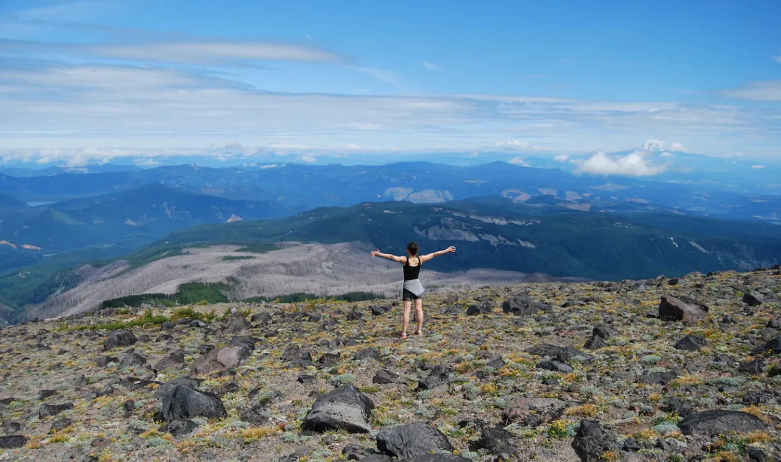 A photo of a person standing on a rocky mountain side facing a forest vista as far as the eye can see.