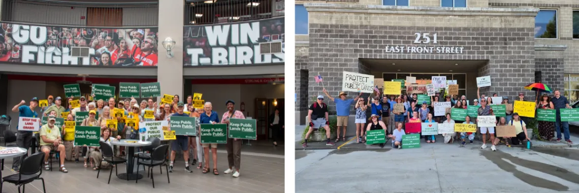 Groups of people holding "public lands" signs