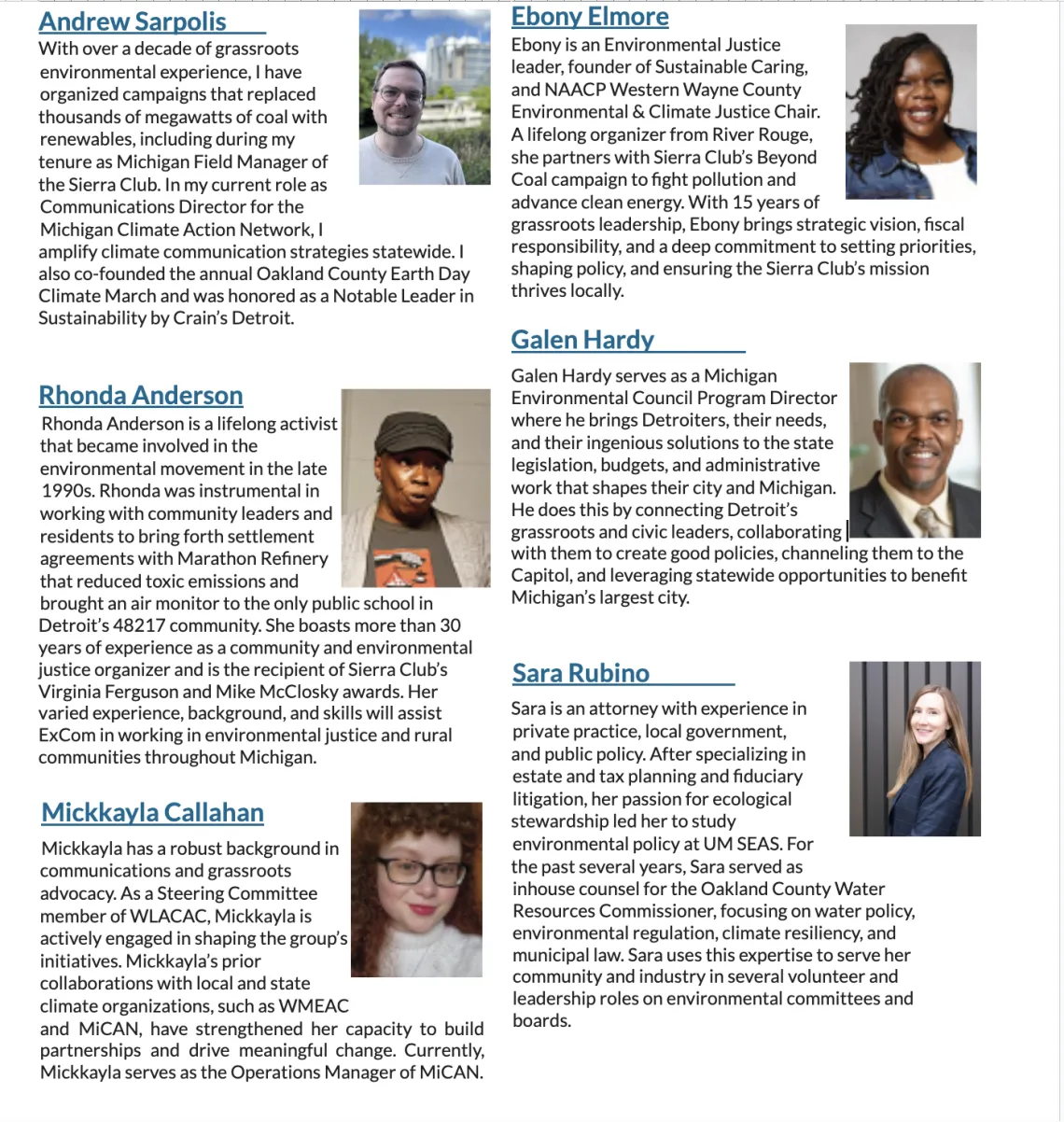 A screenshot of the six executive committee candidates photos and bios