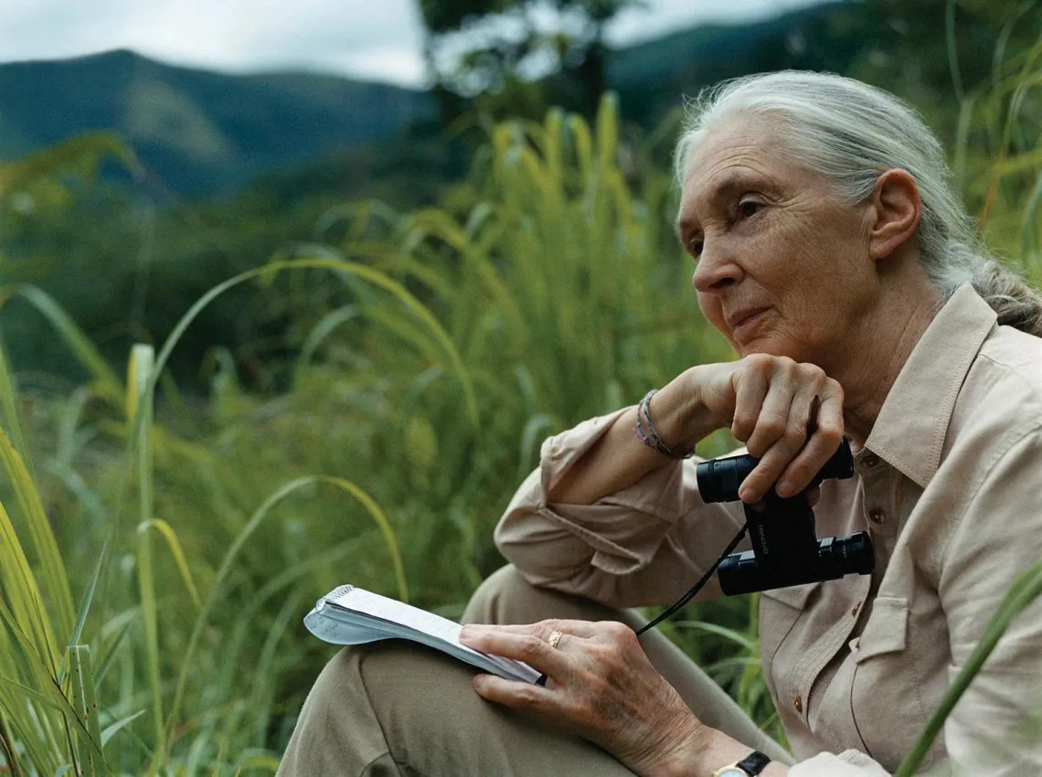 Jane Goodall with binoculars
