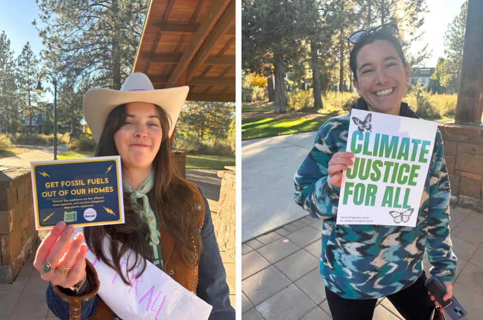 Side-by-side portraits of two smiling people standing outside