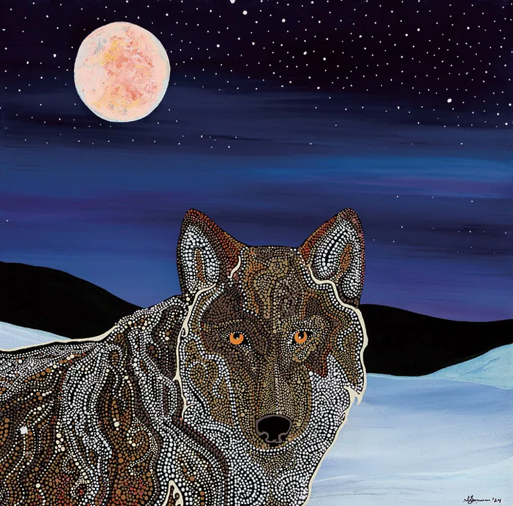 Grand Marais Wolf, drawing by artist Sam Zimmerman Zhaawanoogiikhik, featuring a wolf under an orange moon