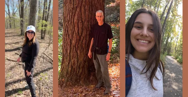 A triptych of three photographs side by side. The three folks are all in the woods and smiling for the photo. The first person is wearing a white cap, sunglasses, a dark jacket and black pants. The second person is wearing a black t-shirt and gray/green pants. The third person is a head and shoulders selfie and they have long dark brown hair and a white top.
