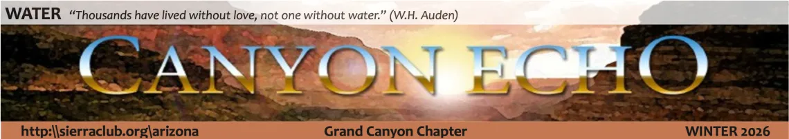 a banner with the words Canyon Echo across an image with a sunset in a canyon
