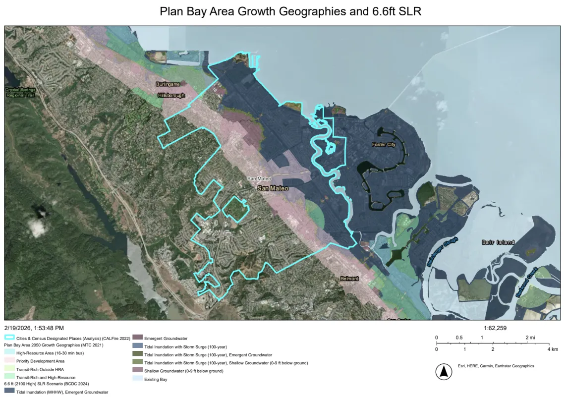 Plan Bay Area Growth Geographies and 6.6 ft SLR