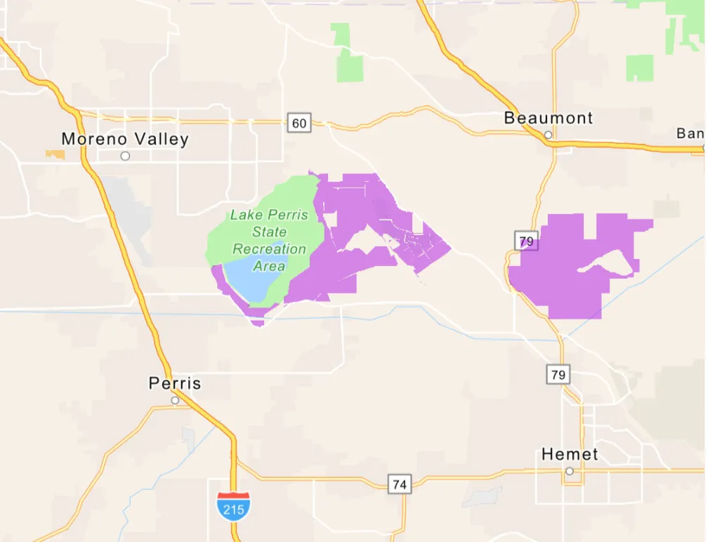 Map of the San Jaciento wildlife area in relation to Moreno Valley 