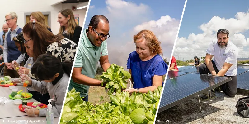 three photos: first photo is of people eating salad at community gathering; the second image is of a man and a woman examining freshly picked lettuce; the third image is a man installing a solar panel on rural farm land.
