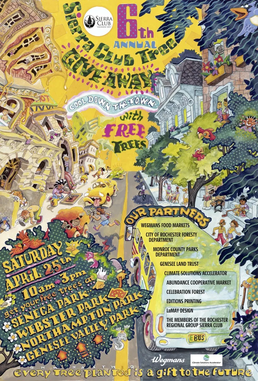 6th annual Sierra Club Tree Giveaway poster. Event on Saturday, April 25, 10am - 3pm at four local parks.