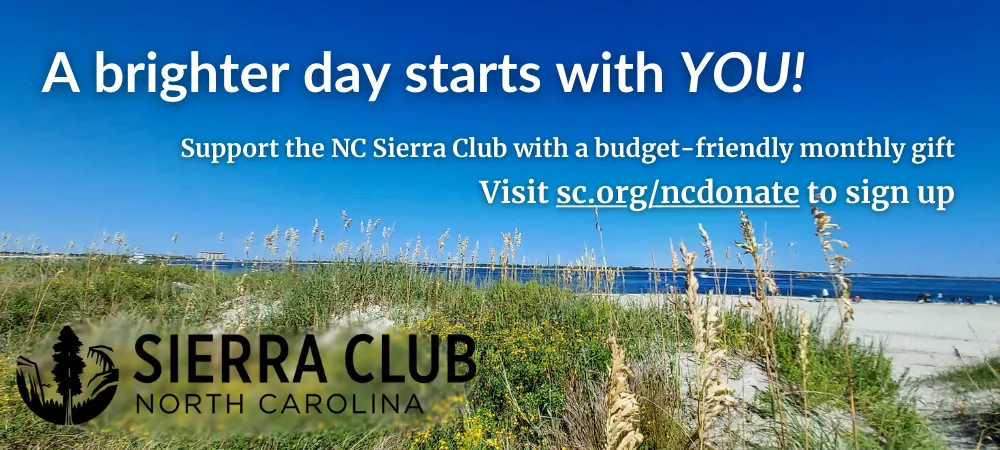 A brighter day starts with YOU! Support the NC Sierra Club with a budget-friendly monthly gift. Visit sc.org/ncdonate to sign up. 