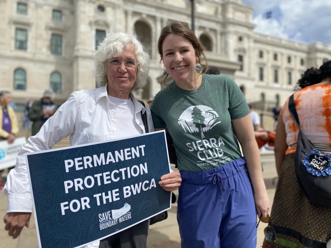 Mary Blitzer and Sierra Club member show their support for permanent protection for the BWCA in front of the Minnesota State Capitol