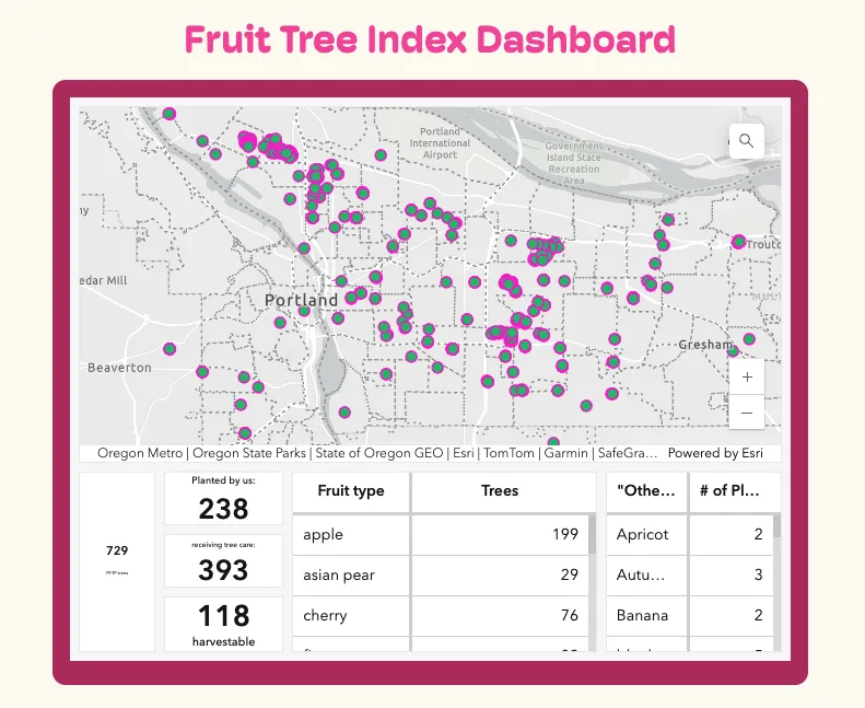 A screen shot of a map of fruit trees in Portland, Oregon