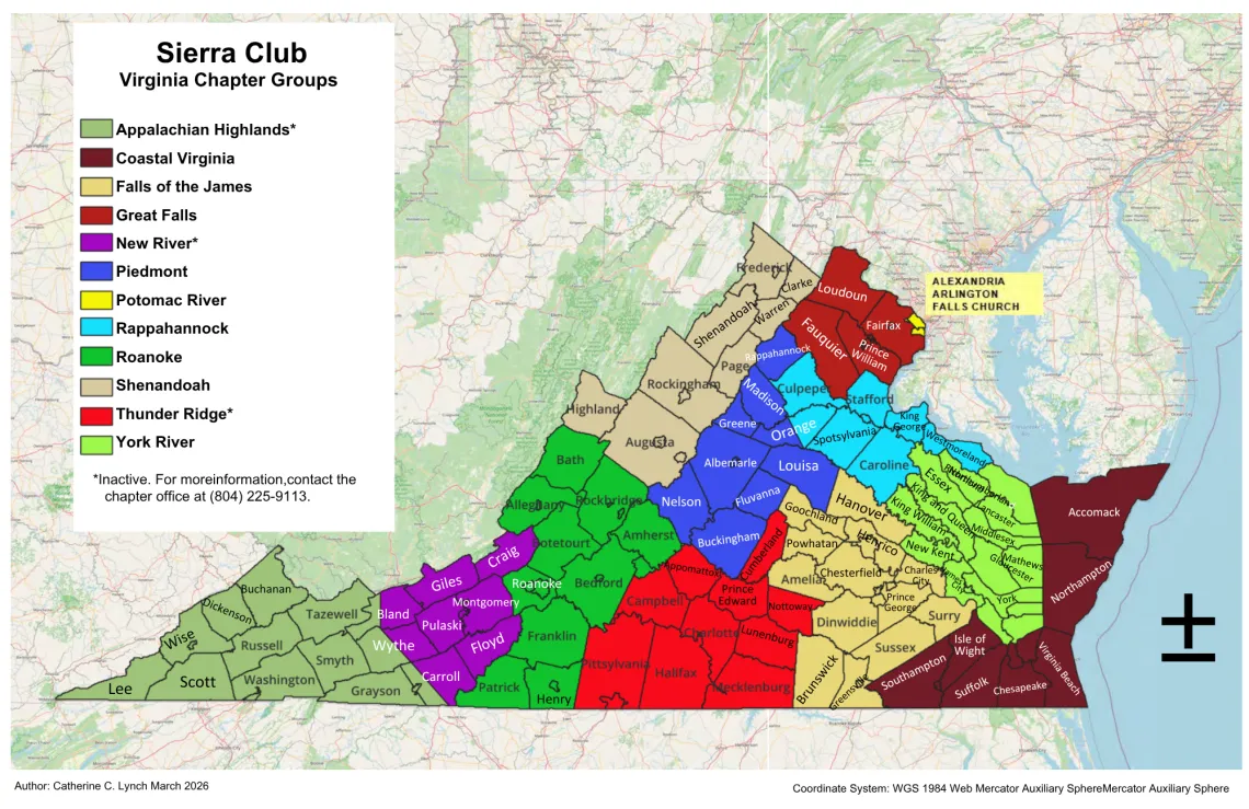 Map of local groups of the Sierra Club Virginia Chapter