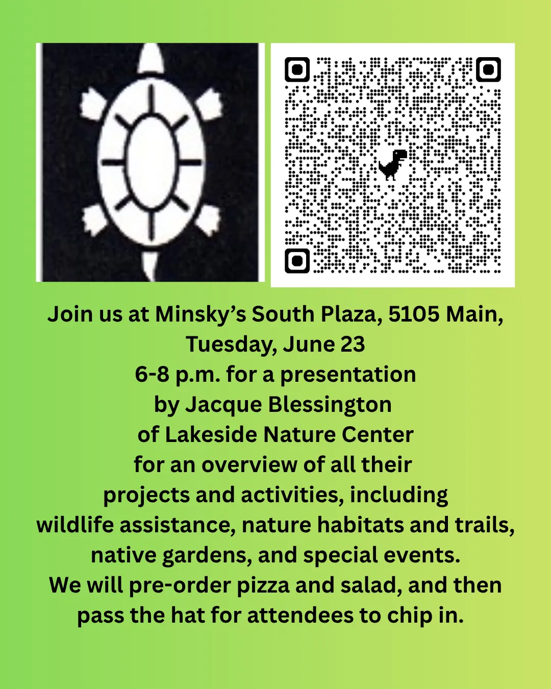Lakeside Nature Center's logo and a qr code to rsvp for June 23 meeting