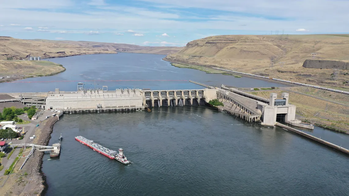 an aerial image of a dam on the Lower Snake River