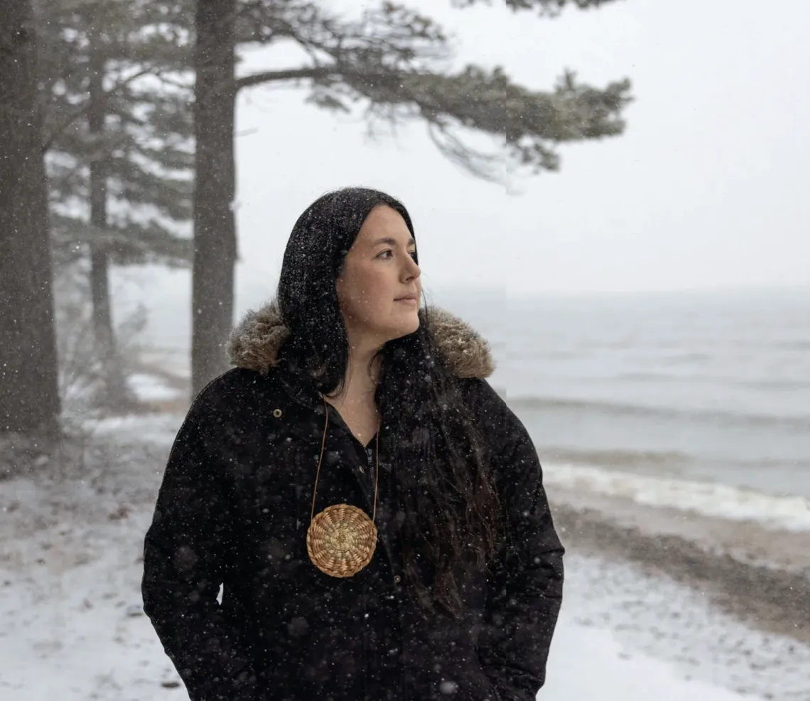 President Whitney Gravelle of the Bay Mills Indian Community at the Straits of Mackinac. Photo by Adam Joseph Wells for SIERRA Magazine, "A Battle for the Future of the Great Lakes," March 16, 2023.