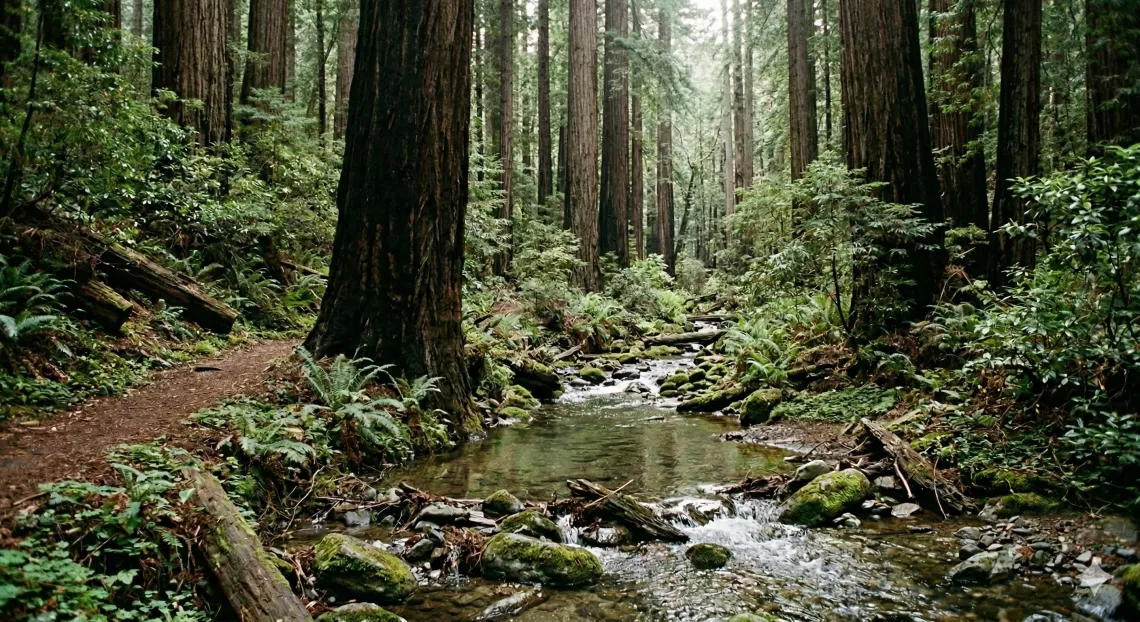 Beautiful creek winding through redwood forest