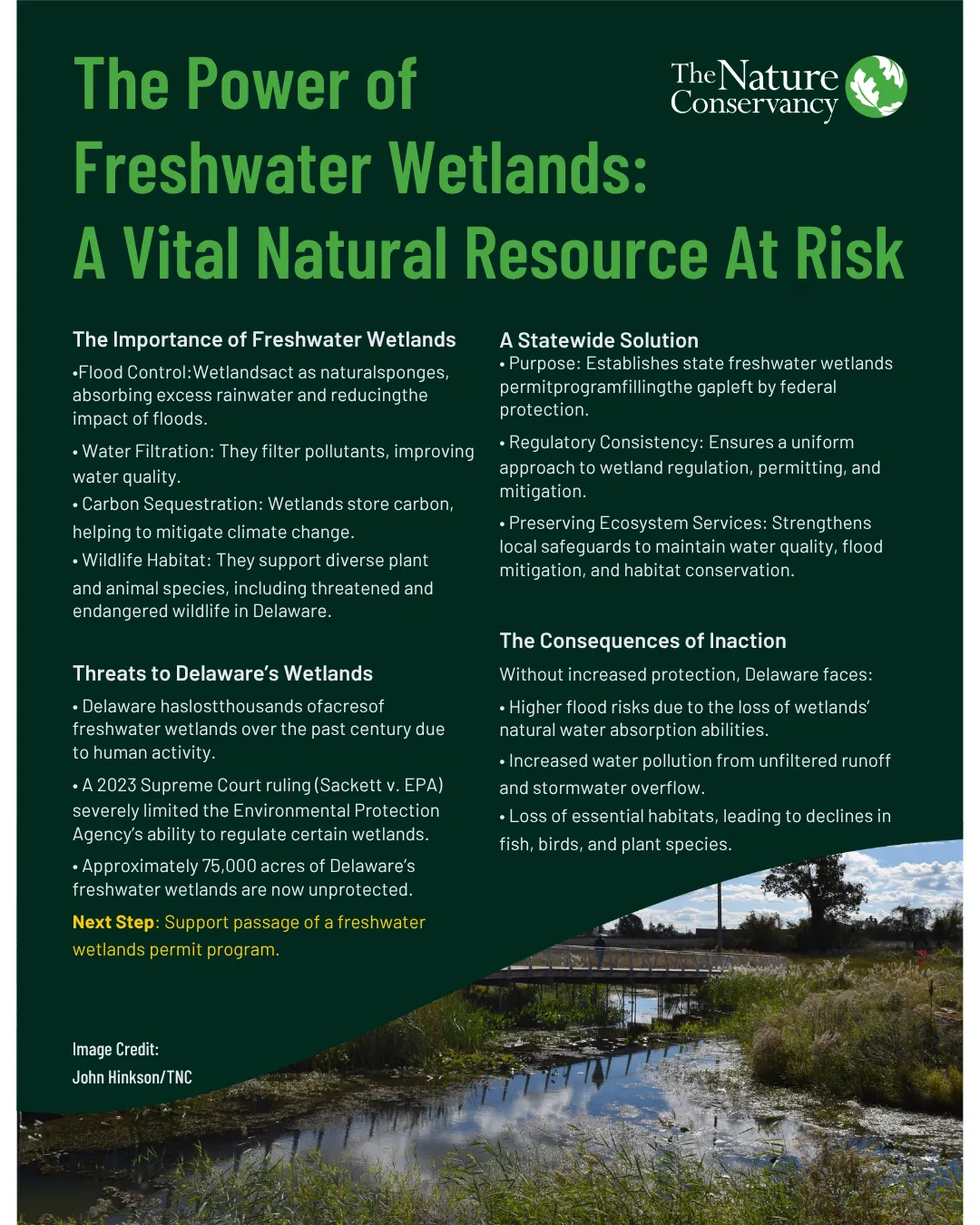 The Power of Freshwater Wetlands: A Vital Natural Resource At Risk  The Importance of Freshwater Wetlands • Flood Control: Wetlands act as natural sponges, absorbing excess rainwater and reducing the impact of floods. • Water Filtration: They filter pollutants, improving water quality. • Carbon Sequestration: Wetlands store carbon, helping to mitigate climate change. • Wildlife Habitat: They support diverse plant and animal species, including threatened and endangered wildlife in Delaware.  Threats to Delaw