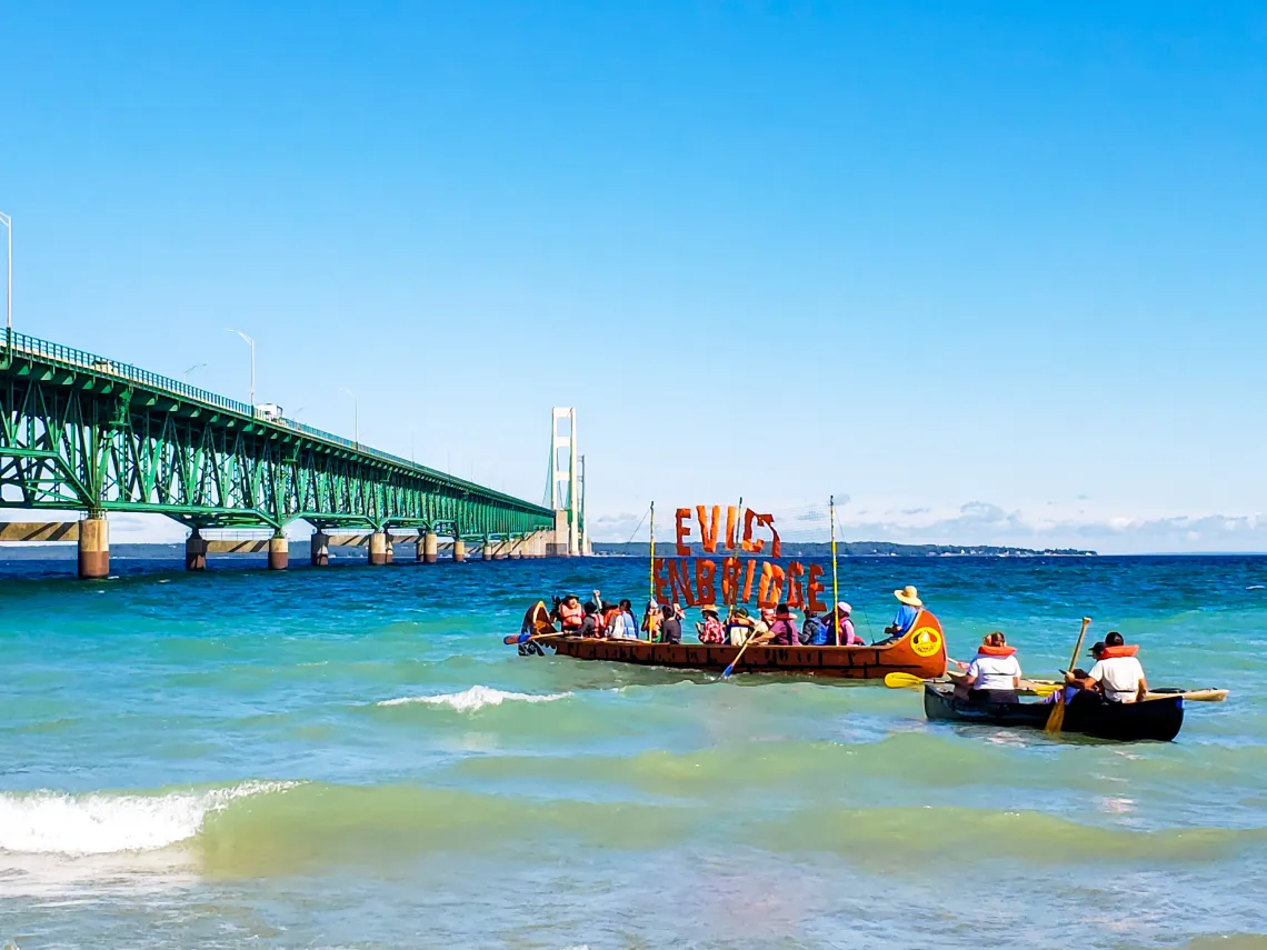 Bay Mills Indian Community and Sierra Club Volunteers paddle out to Line 5 under the Straits of the Mackinac in 2022