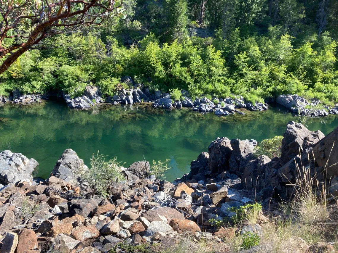 A photo of the Illinois River from the banks. There are rocks in the foreground and shrubs and trees on the opposite side of the river.