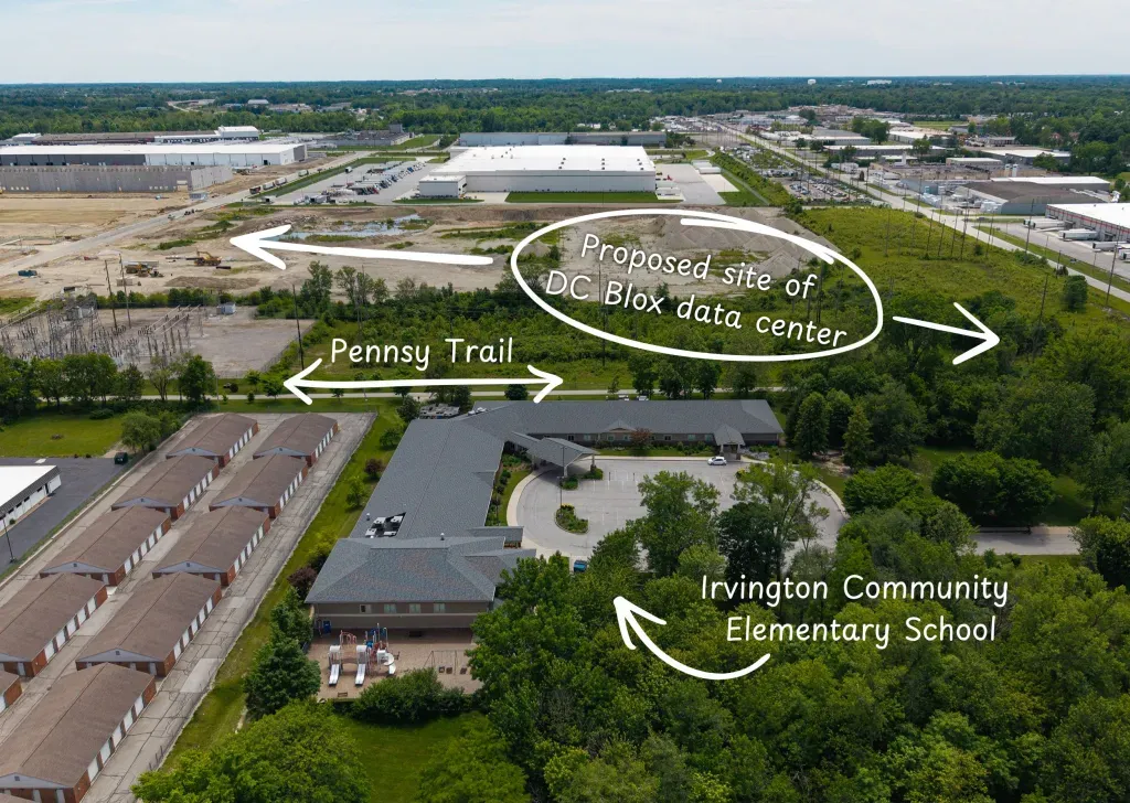 An aerial photo showing the position of a proposed data center near the Pennsy Trail and Irvington Community Elementary School, with the locations marked on the photo