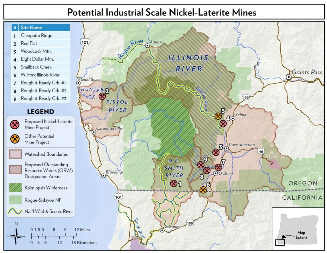 A illustrated map of existing and proposed mine sites in SW Oregon