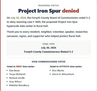 poster stating rural hall data center was denied