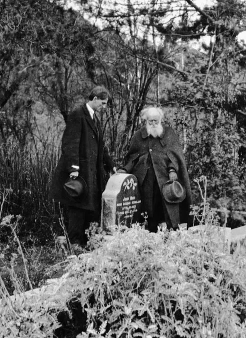 Muir's close friends John Burroughs, right, and Charles Keeler are seen paying their respects at Muir's gravesite. 