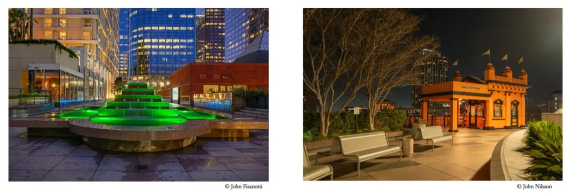 A two-page magazine spread features colorful photos of urban landscapes. On the left, a tiered pyramid-shaped fountain glows bright green against the sedate background of red slate and glass towers. On the right, a line of grey benches leads from the lower left corner up to the quaint Angels Flight Depot looking like a little terra cotta castle, with pennant topped towers.