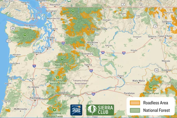 A map of Washington state highlighting the 2 million acres of Roadless Areas throughout the state.