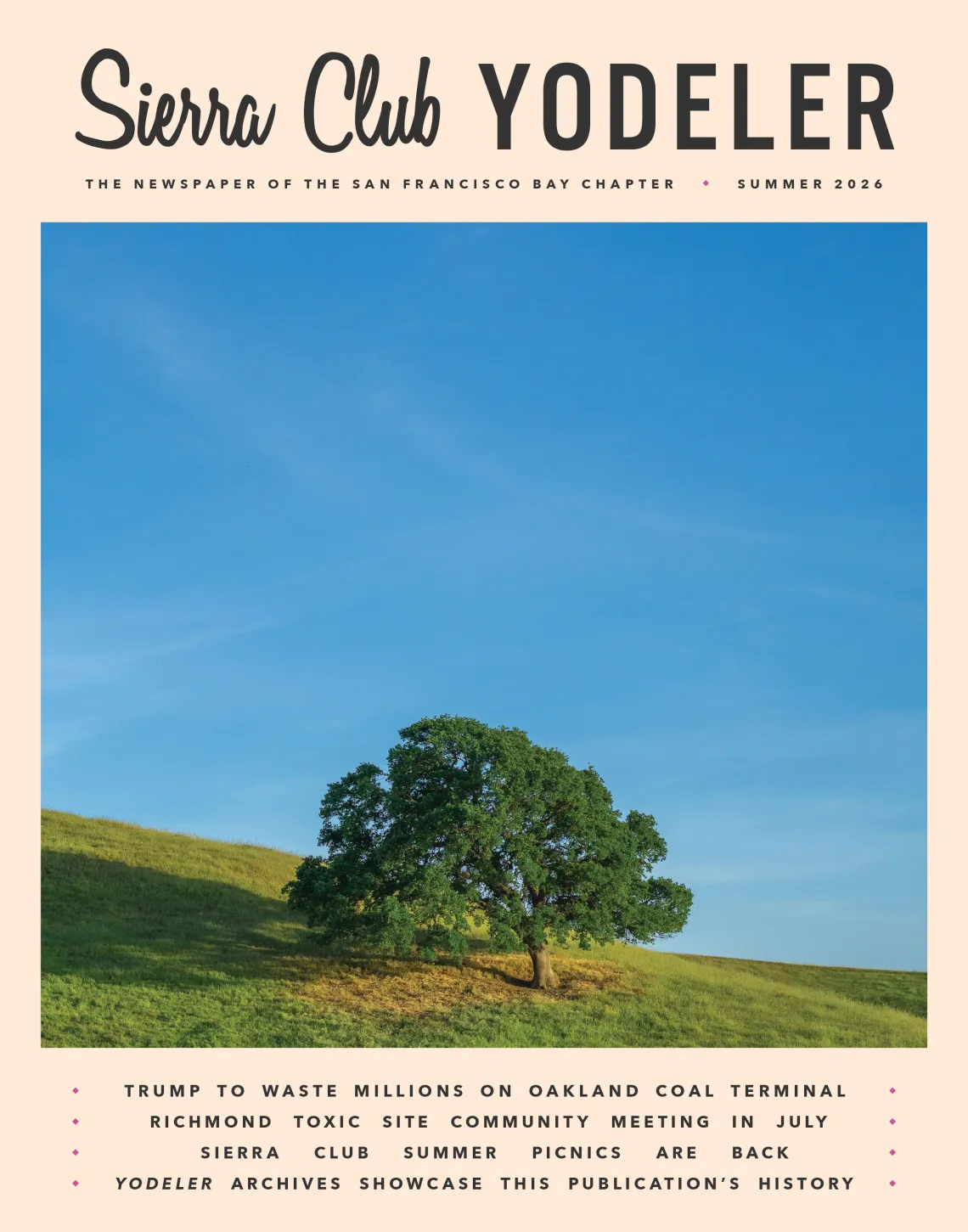 Summer 2026 Yodeler cover, oak tree on a hillside