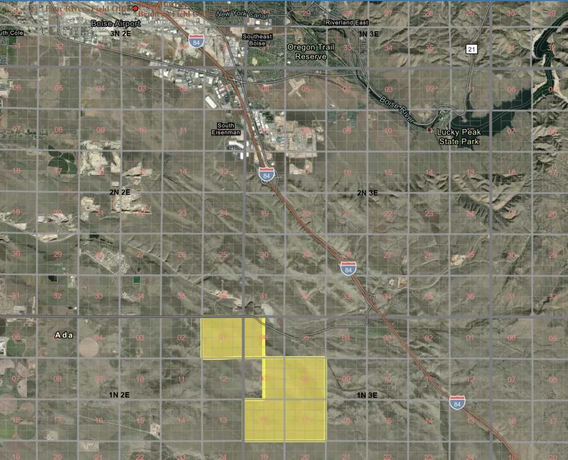 Screenshot of map of Boise area showing five square mile parcels where the data center would go.