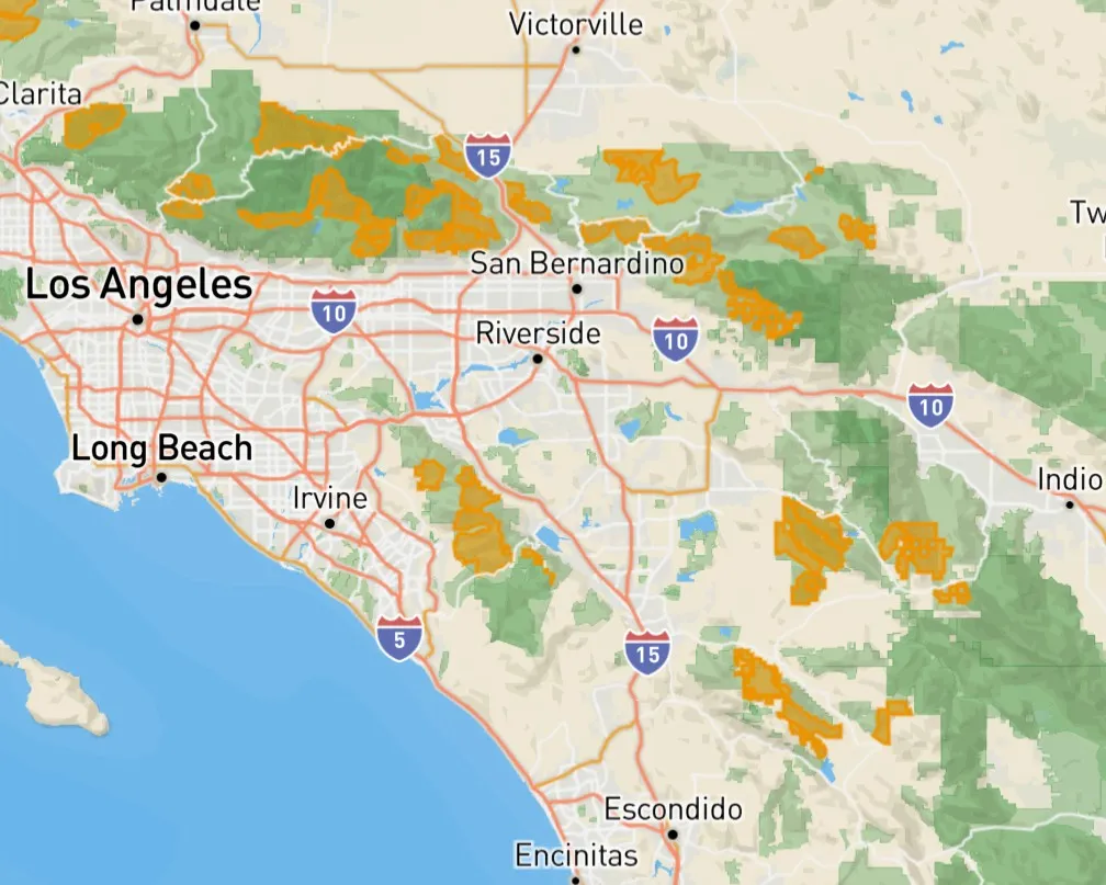 Map highlighting the various roadless areas within Southern California 