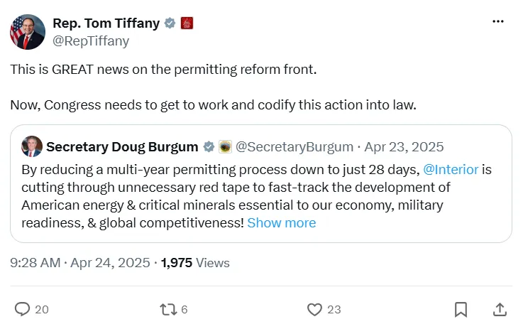 Screen shot of Tom Tiffany tweet applauding the fast tracking of AI and data centers