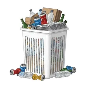 Trash can full of plastic waste, including styrofoam