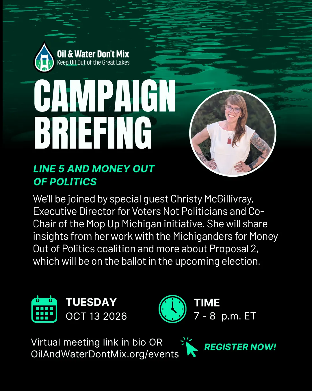 promotional graphic for oil and water don't mix line 5 campaign briefing featuring Christy McgGillivray. 