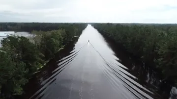 An aerial view of Interstate 40 in Pender County, NC., inundated by floodwaters from Hurricane Florence in 2018