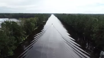 An aerial view of Interstate 40 in Pender County, NC., inundated by floodwaters from Hurricane Florence in 2018