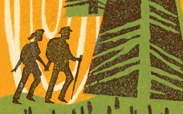 Illustration shows two hikers and trees.