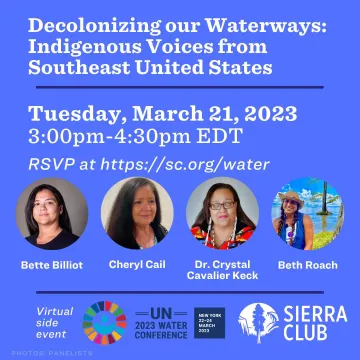 flyer for UN water event on dark purple background with round headshots of each of the four speakers in alphabetical order as well as the UN and Sierra Club logos at the bottom