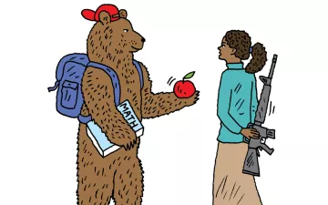 Illustration of a teacher talking to a bear student holding a gun