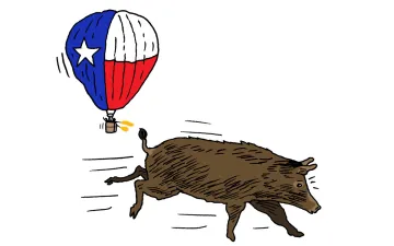illustration of a hog chased by an air balloon decorated like a Texas flag
