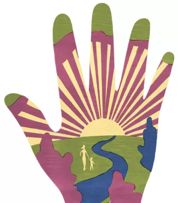 Illustration of a hand with nature and people inside it