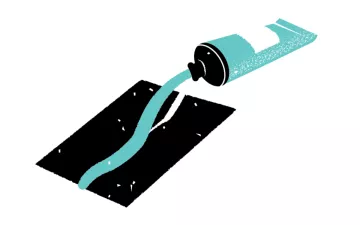 Black and teal illustration of a tube squeezing liquid on to the tear in a black rectangle.