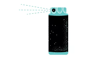 Black and teal illustration of a spray can