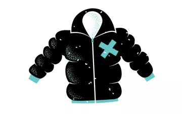 Black and teal illustration of a puffy jacket