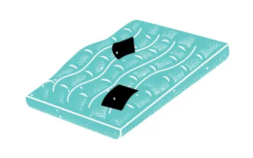 Black and teal illustration of a mattress with two patches.